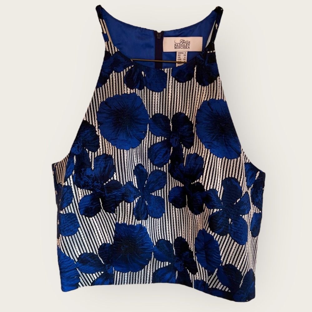 Belle Badgley Mischka Blue Black Floral Crop Dressy Tank Sz 2